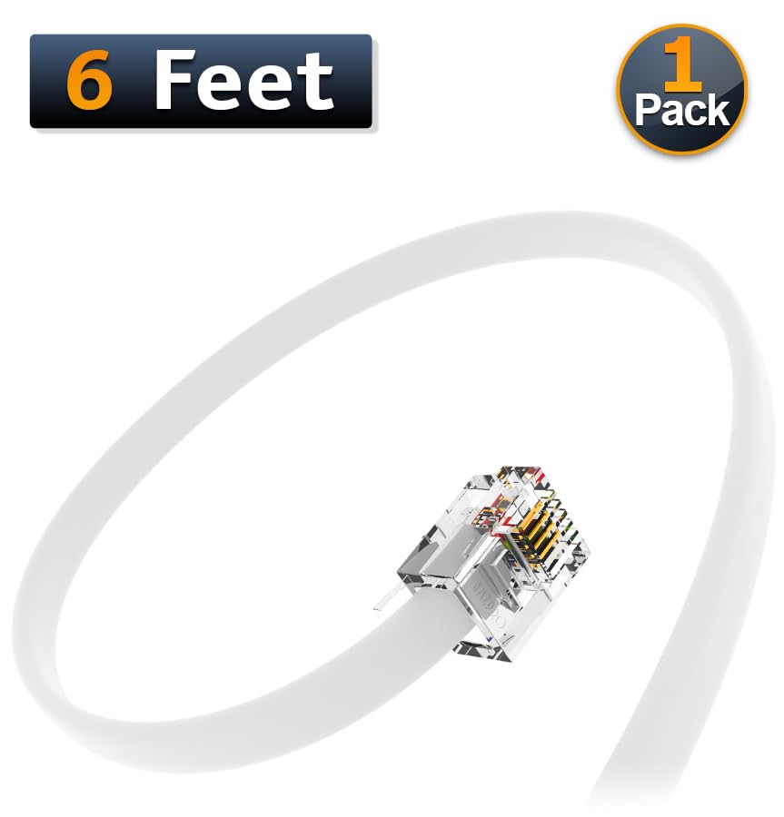 Amzpro (1 Pack) 6 Feet White Telephone Cable 6P4C Rj11 Male To Male, Made In Usa Pro Grade Phone Line Cord
