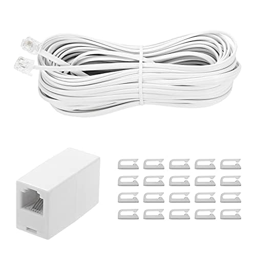 Seefeful 50 Feet Long Telephone Extension Cord Phone Cable Line Wire, With Standard Rj11 Plug And 1 In Line Couplers And 20 Cabl