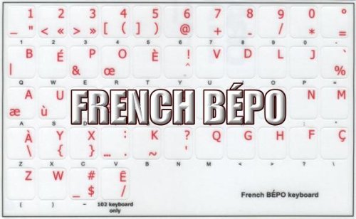 French Bepo Keyboard Decals With Red Lettering Transparent Background For Desktop, Laptop And Notebook