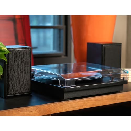 Victrola Montauk Vinyl Record Player, Black Wood Finish, 3 Speed Belt Driven Turntable With Stereo Bluetooth Speaker Pair, Rca O