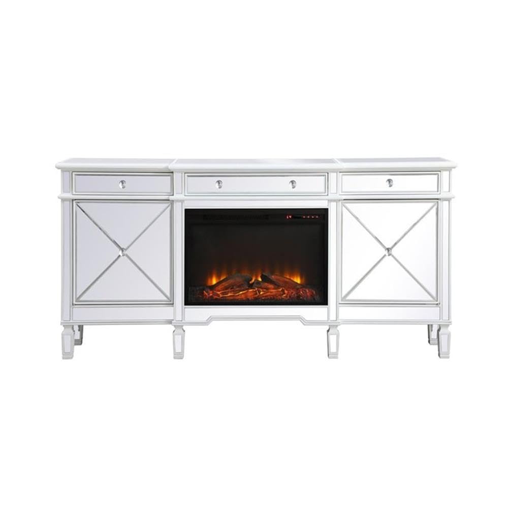 Elegant Decor Contempo 72 Mirrored Credenza With Wood Fireplace In White