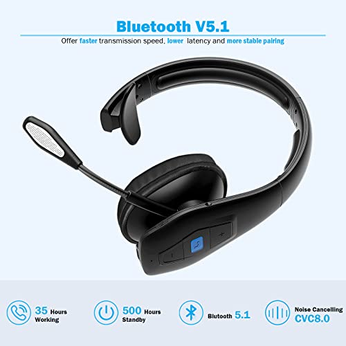 Conambo Noise Cancelling Bluetooth Headset V5.1, 35Hrs Hd Talktime Cvc8.0 Dual Mic Hands Free Wireless Headset, Bluetooth Headphones With Mute Button For Cell Phones Business Home Office Trucker