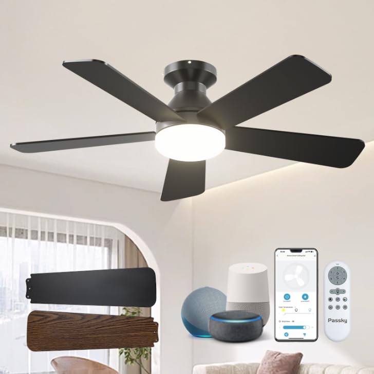 Passky Ceiling Fans with Lights, 42 Inch Smart Ceiling Fan with Remote/APP/Alexa Voice Control, Flush Mount, 3CCT, Reversible, D