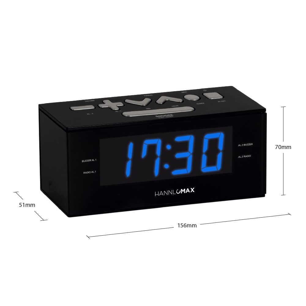 Hannlomax Hx 144Cr Alarm Clock Radio, Pll Am/Fm Radio, 1.2'' Led Display, Digital Clock With Dual Alarm, Ac Operation Only. (Bla