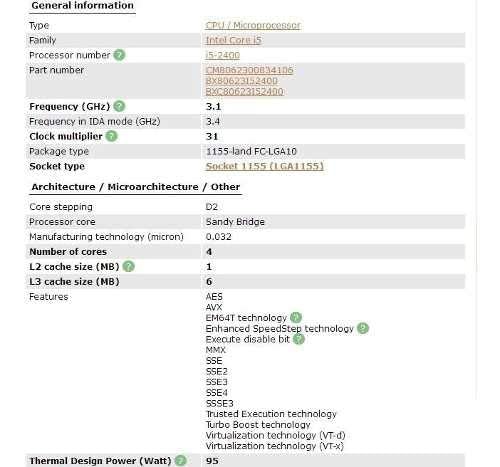 Intel Core I5-2400 Processor 3.1Ghz 5.0Gt-S 6Mb Lga 1155 Cpu, Oem