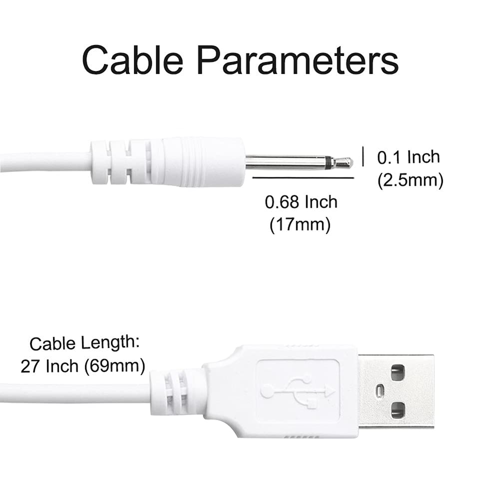 SEXBAY DC Charging Cable USB Cord for Wand Massagers - 2.5mm, 27" PVC, USB-2