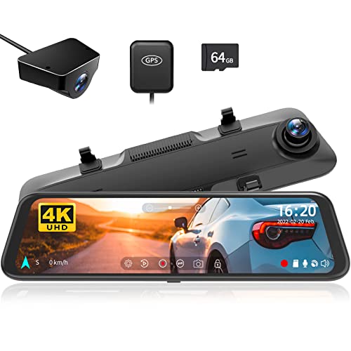 Wolfbox 12'' 4K Rear View Mirror Camera, Smart Full Touch Screen Mirror Dash Cam Front And Rear, Backup Camera With 1080P Rear C