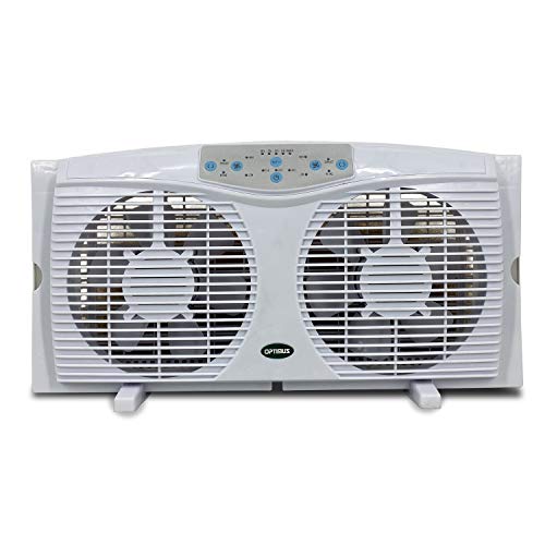 Optimus F 5286 Reversible Twin Window Fan With Thermostat And Led, 8 Inch, White