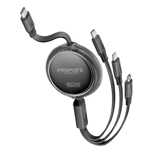 Promate TriocordR, 3In1 MultiConnector Retractable Cord With UsbC, Lightning, And MicroUsb Heads, Transparent Circular Cas