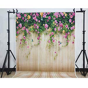 Wolada 8X8Ft Flower Wall Backdrop Spring Backdrop Spring Floral Photo Backdrop Brown Wood Plank Flower Wall Photography Backdrop Girl Birthday Party Wedding Shower Photography Background 8909