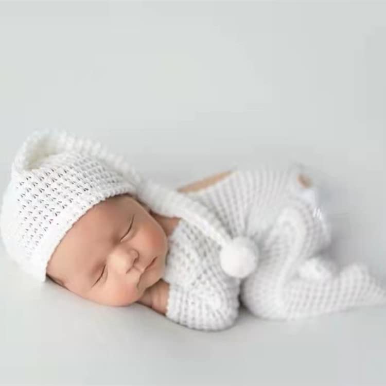 Newborn Baby Photo Shoot Props Girl Boy Crochet Knit Hat Costume Stripe Hat Pants Overalls Photography Props (Off White)