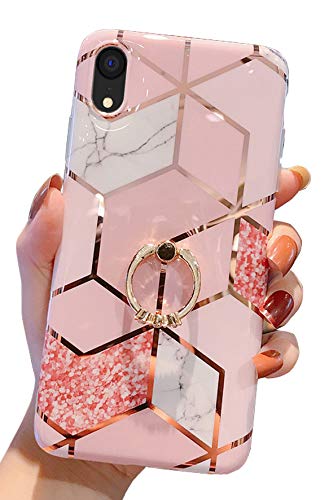 Qokey Case Compatible With Iphone Xr Case 6.1 Inch Marble Case Cute Fashion For Women Girls With 360 Degree Rotating Ring Kickst