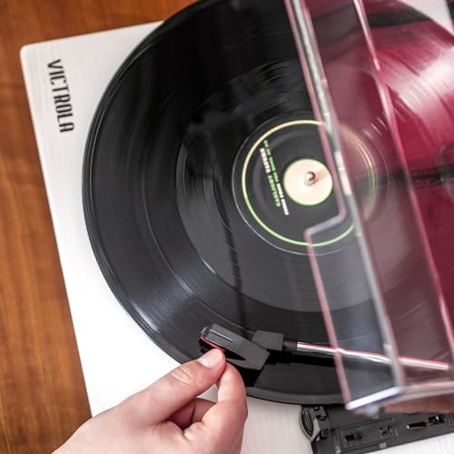 Victrola Montauk Vinyl Record Player, White Wood Finish, 3 Speed Belt Driven Turntable With Stereo Bluetooth Speaker Pair, Rca O