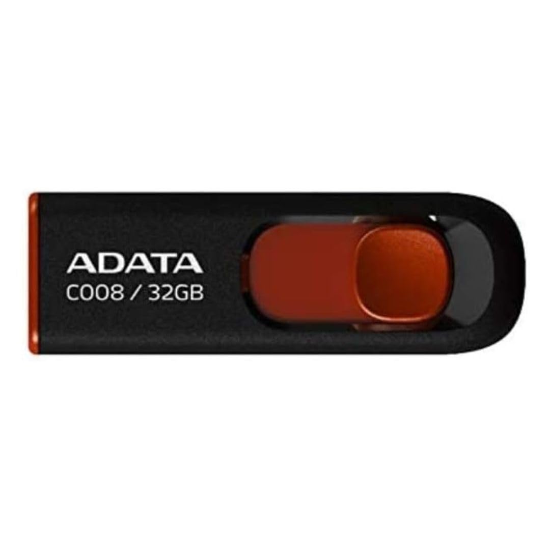 Adata C008 32Gb Usb 2.0 Retractable Capless Flash Drive, Black/Red (Ac008 32G Rkd)