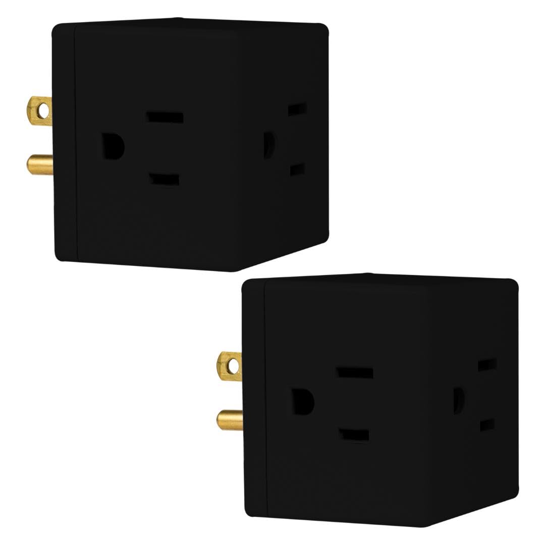Philips 3 Outlet Extender, Extra Wide Adapter Spaced, Easy Access Design, 3 Prong, Perfect For Travel, Cube, 2 Pack, Black, Sps3