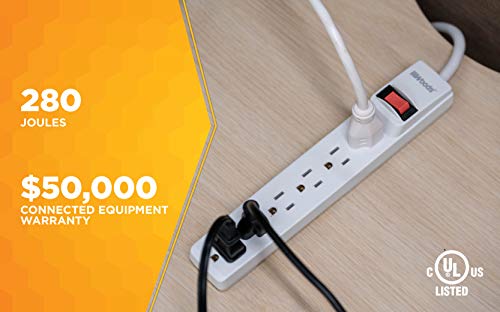 Woods 41345 Surge Protector With Overload Safety Feature And 6 Outlets For 280J Of Protection, 1.5 Ft Cord Foot, White