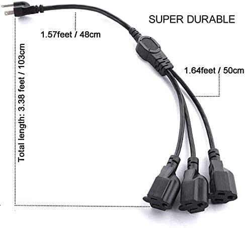 NAHAO 3.3FT 3 Prong 1 to 3 Extension Cord Splitter Indoor Outdoor 3-Outlet 16AWG Black