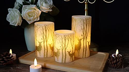 Genswin Flickering Flameless Candles Battery Operated With 6 Hours Timer, Real Wax Led Pillar Candles Deer Decal Warm Light, Pac