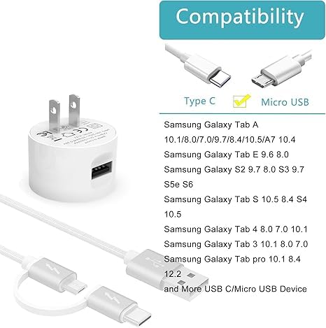 5Ft 2 In 1 Charger Fit For Samsung Galaxy Tab A E,S,S2,3,4, 10.1'' 7.0'' 8.0'' 8.4'' 9.6'' 9.7'',Sm T580/T380/T280/P580/T387/T37
