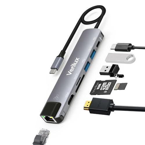 Verilux Usb C Hub With Ethernet Rj45 7 In 1 Usb Type C Hub With 4K Hdmi Power Delivery Sd/Tf Card Reader Multi Usb Port For Lapt