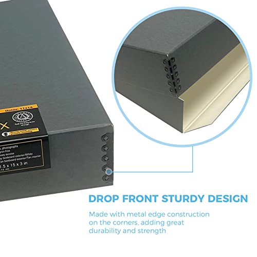 Lineco Museum Storage Box, Archival Acid Free Buffered Drop Front Design With Metal Edges, 11X14X3 Inches, Photo Organizer Preservation Box, Gray
