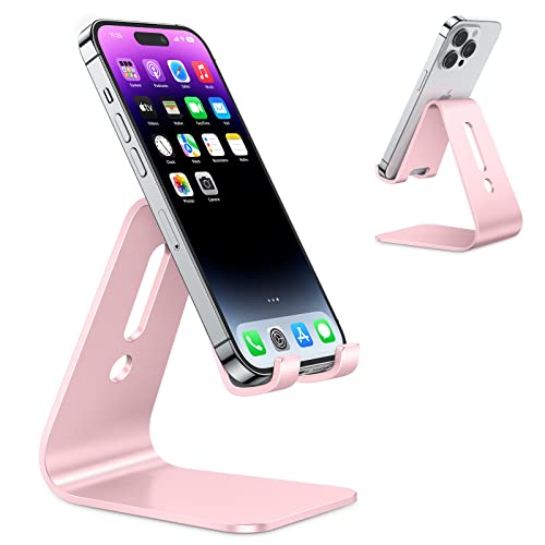 Omoton Upgraded Aluminum Cell Phone Stand For Desk, C1 Durable Cellphone Dock With Protective Pads, Smart Stand Designed For Iphone16, 15/14/13/12 Pro Max Xr Xs, Ipad Mini, Android Phones,Rose Gold