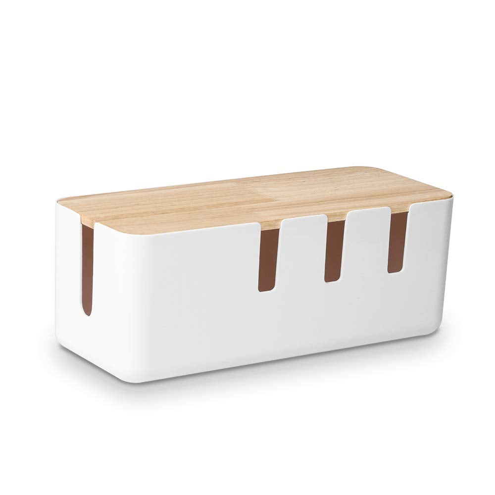 Cable Management Box By Baskiss, 12X5X4.5 Inches, Wood Lid, Cord Organizer For Desk Tv Computer Usb Hub System To Cover And Hide