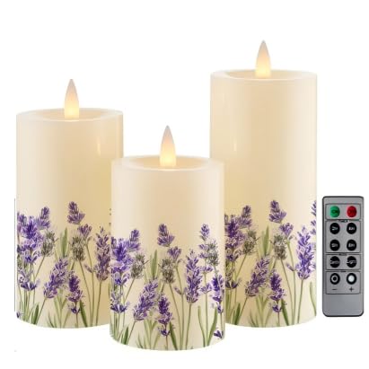 CozierGlow Lilac Flower Flameless Pillar Candles, Set of 3 Real Wax LED Candles with Remote Timer, 3D Moving Flame, Battery Oper