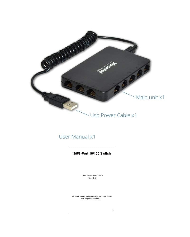 XtremPro 61024 3-Port USB Ethernet Switch – 10/100 Mbps, RJ45, USB-powered