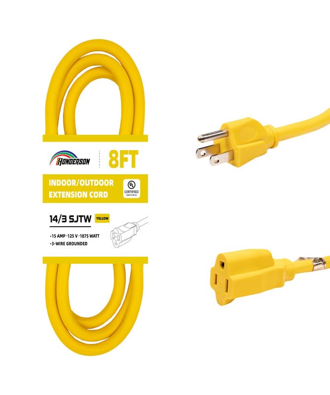 Honderson Indoor Outdoor Extension Cord Weatherproof, Ul Listed, 14 Gauge 8Ft Yellow 3 Prong Heavy Duty, 14/3 Sjtw 15A Power Cor