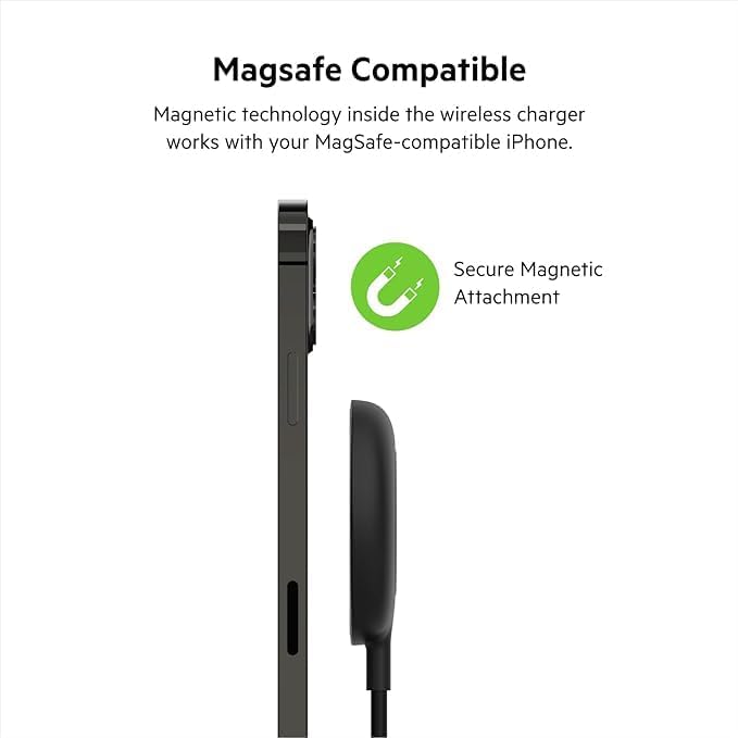 Belkin 7.5W Magnetic Portable Wireless Charger Pad, Magsafe Compatible, iPhone 14, 13, 12, 11, XS Max, X, 8, 7, 6s, 6, Plus   6.6ft/2M Long Cable