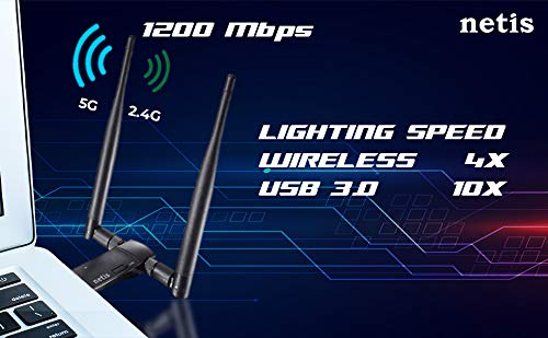 Netis Wf2190 Wireless Ac1200 Long Range Usb Adapter, Supports Windows, Mac, Linux, Two 5Dbi High Gain Antennas, Free Usb Cradle