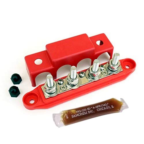Bay Marine Supply Busbar   Made In Usa   4 Post 250 Amp Stainless Steel Distribution Block   3/8'' Red