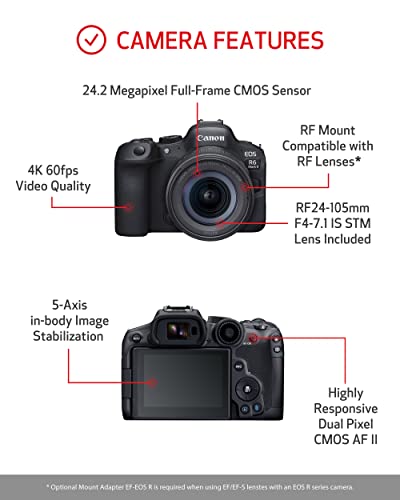 Canon EOS R6 Mark II Mirrorless Camera RF24 105mm F4 7.1 is STM Lens Kit, Full Frame Hybrid Camera, 24.2 Megapixel CMOS Sensor, Photo and Video Capabilities, Black