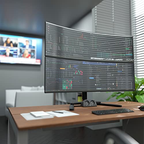 Atdec AWMS 2 BT75 FS B Freestanding Dual Stack Heavy Monitor Desk Mount   Flat and Curved up to 49in   VESA 75x75, 100x100   Tool Free Adjustable Monitor Height, tilt, pan   Quick Display Release