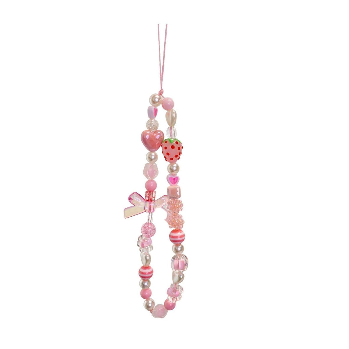 Pink Cute Strawberry Phone Charms Strap, Aesthetic Fruit Flower Love Hearted Phone Chain Pearl Beaded Phone Lanyard Jewelry For 