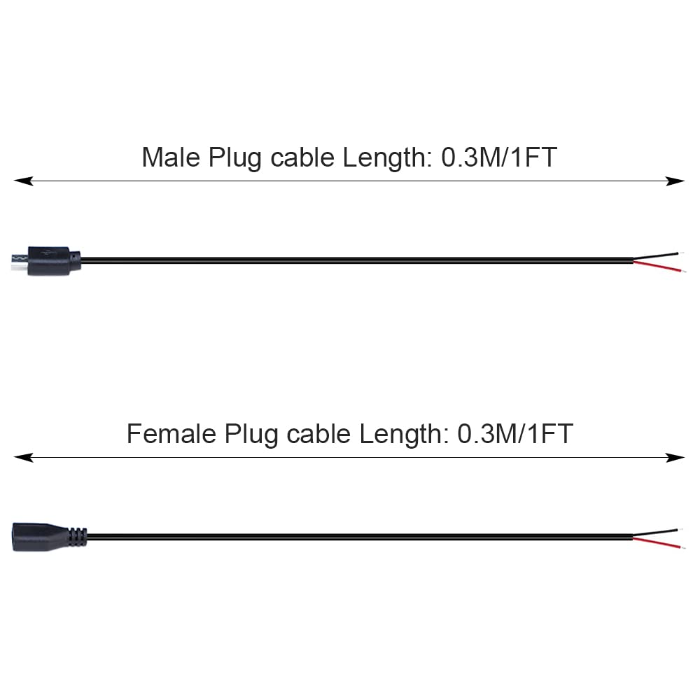 Ksopuert 4 Pcs 1Ft Black Micro Usb 2 Wire Pigtail Cable, 2.1A 5V, 28Awg, 2 Cores, Power Pigtail Repair, 2 Male & 2 Female Plugs