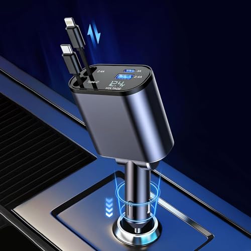 Proodos Retractable Car Charger Car Accessories | 4 In 1 Car Charger Fast Charging | Compatible With Iphone & Type C | 120W Supe