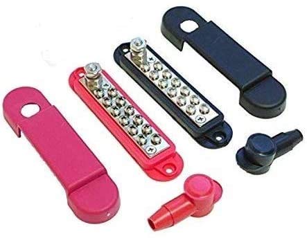 Bay Marine Supply Busbar   12 Point Power Distribution Block (240A Rating)   #8 Terminal Screws & 1/4'' Stud   Pair Of Red & Bla