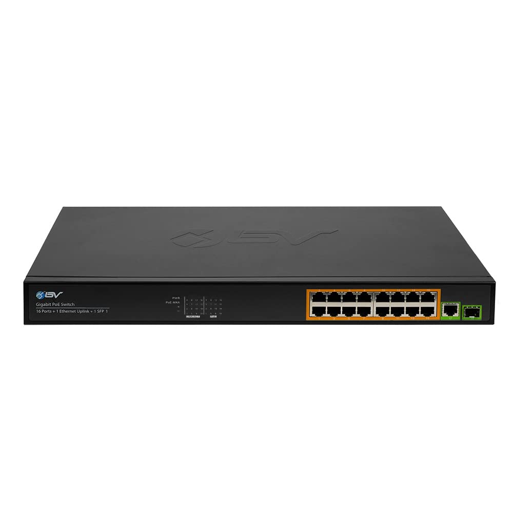 Bv Tech 16 Ports Poe+ Switch (16 Gigabit Ethernet Ports | 1 Ethernet +1 Sfp Uplink)  230W   Fanless Desktop Design, Sturdy Metal