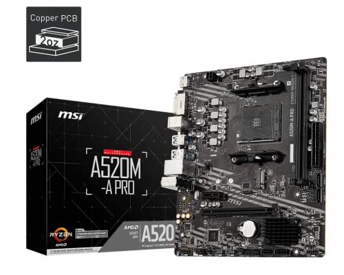 Msi A520M A Pro Gaming Motherboard (Amd Am4, Ddr4, Pcie 4.0, Sata 6Gb/S, Dual M.2, Usb 3.2 Gen 1, Dvi/Hdmi, Micro Atx)
