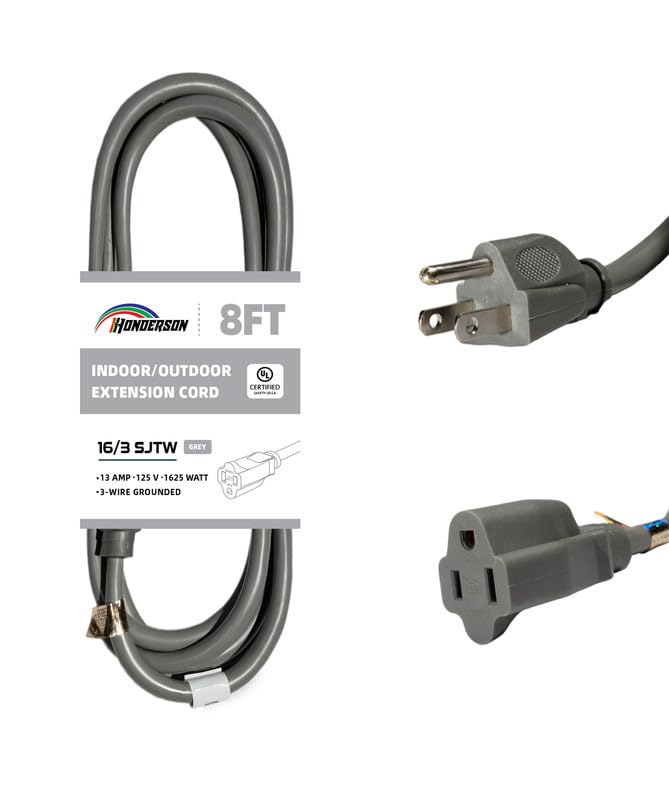 Honderson Indoor Outdoor Extension Cord Weatherproof, Ul Listed, 16 Gauge 8Ft Grey 3 Prong Heavy Duty, 16/3 Sjtw 13A Power Cord