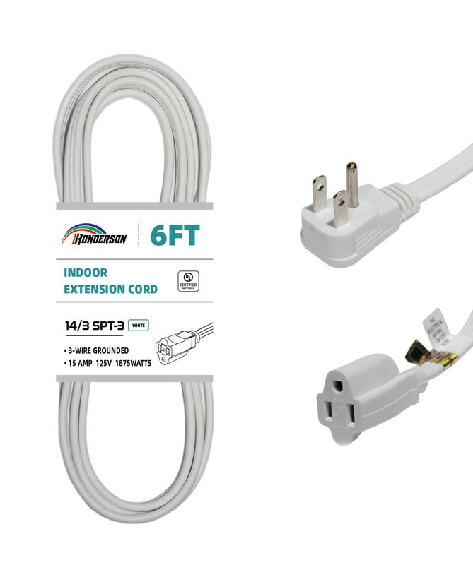Honderson Flat Plug Extension Cord, Ul Listed, Indoor Extension Cord 14 Gauge 6Ft White, 14/3 Spt 3 15A 3 Prong Grounded Power C