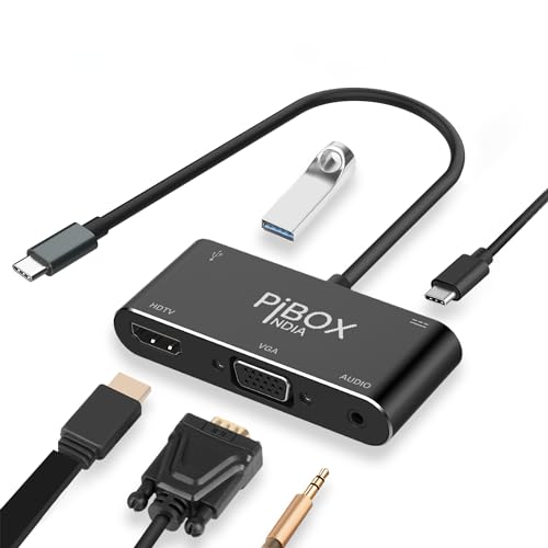 Pibox India, Usb C To Hdmi Vga Usb Adapter, Aluminium Type C Usb Hub 3.1 To Hdmi 4K/Vga/Usb 3.0/Usb C Converter Cable Charging P