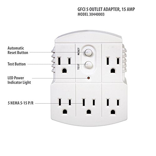 Tower Manufacturing 30440003 Auto Reset 15 Amp Grounded 3 Prong Gfci 5 Outlet Adapter, White