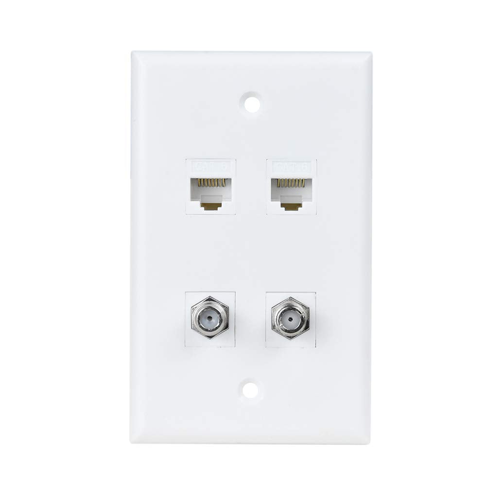 Bupldet 2 Ethernet 2 Coax Wall Plate   Double Cat6 Ethernet Jacks And Dual Coaxial Cable Tv F Type Faceplate   White