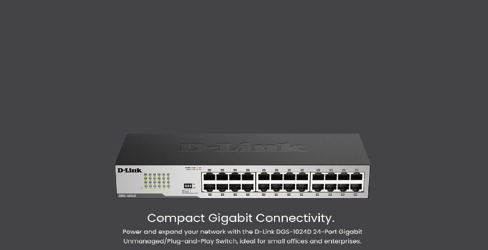 D Link Ethernet Switch, 24 Port Gigabit Unmanaged Fanless Network Hub Desktop Or Rack Mountable (Dgs 1024D), Black