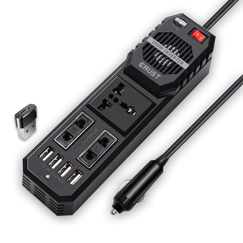 Crust N80 Car Laptop Charger Power Inverter 200W; 12V Dc To 220V Ac, 3 Ac Outlets, 4 Usb Ports + 15W Type C Adapter, Rapid Cooli
