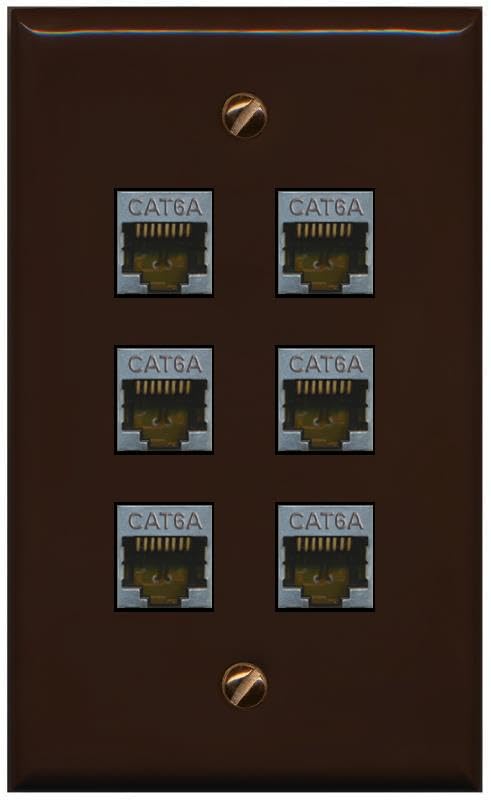 Riteav   (1 Gang Flat) 6 Port Cat6A Ethernet Shielded Wall Plate   Flat [Brown/Brown]