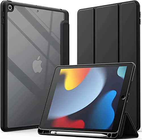 Proelite Smart Flip Case Cover For Apple Ipad 10.2 Inch 2021 9Th/8Th/7Th Gen, Clear Soft Back With Pencil Holder, Black